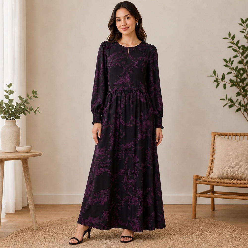 Soft Surroundings Maxi Dress XS Purple Floral Long Sleeve Boho Cottagecore